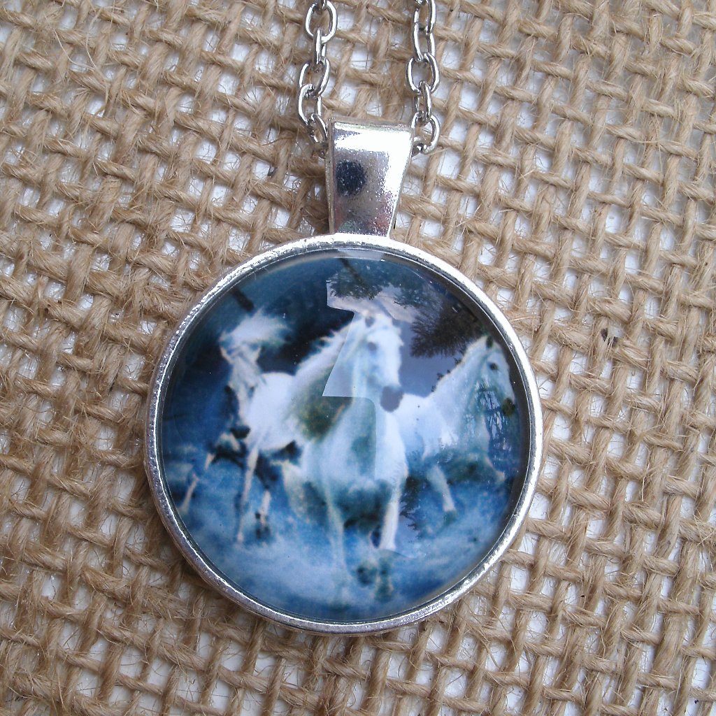 White Horses Glass Cabochon Pendant Necklace